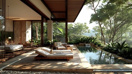 Costa Rican living room. Costa Rican. Luxurious open-concept bedroom with direct pool access surrounded by lush greenery offering an immersive indoor-outdoor living experience. 