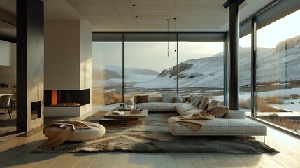 Icelandic living room. Iceland. A modern living room with large windows showcasing a winter landscape and a cozy fireplace with stylish interiors. 