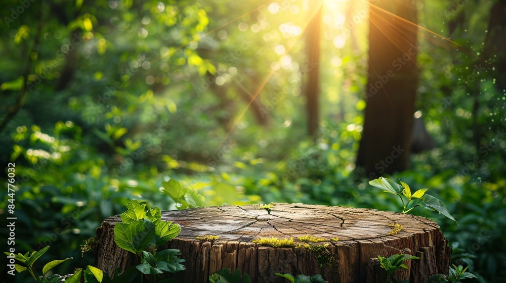 Poster sunlit forest with tree stump and lush greenery - serene nature scene with sun rays filtering throug