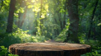 Sunlit Forest Path with Tree Stump in Foreground, Lush Greenery and Tall Trees, Serene Nature Scene, Perfect for Outdoor, Adventure, and Tranquility Themes, Ideal for Backgrounds and Nature Projects