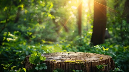 Sunlit Forest with Tree Stump and Lush Greenery - Serene Nature Scene with Sun Rays Filtering Through Trees in a Tranquil Woodland Setting
