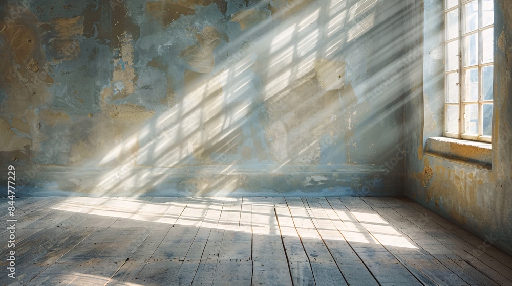 Poster sunlight streaming through window in abandoned room with weathered walls and wooden floorboards, cre