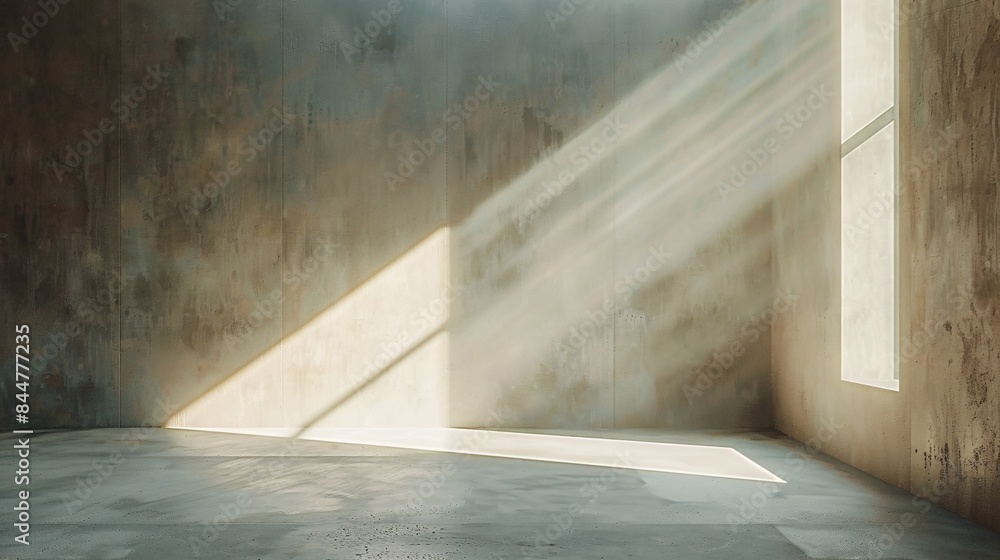 Poster sunlight streaming through window in minimalist empty room with concrete walls and floor, creating a