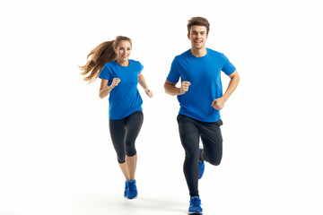 Fototapeta premium Full length shot of a young man and woman in sportswear running together isolated on white background
