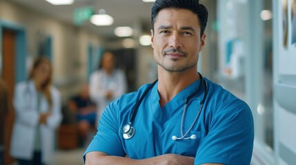 Fototapeta premium Confident Male Doctor in Blue Scrubs with Stethoscope Standing in Hospital Corridor with Medical Staff in Background
