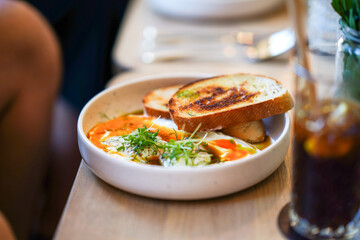 A delightful collection showcasing desserts, Asian cuisine, breakfast and brunch dishes, and coffee. Enjoy the visual feast of gourmet sweets, exotic Asian flavors, hearty breakfast plates, and artisa