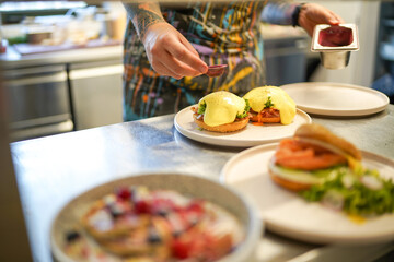 A delightful collection showcasing desserts, Asian cuisine, breakfast and brunch dishes, and coffee. Enjoy the visual feast of gourmet sweets, exotic Asian flavors, hearty breakfast plates, and artisa