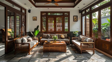 Vietnamese living room. Vietnam. Elegant and spacious living room with traditional wooden furniture and large windows overlooking a garden, symbolizing luxurious interior design. 