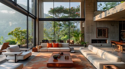 Fototapeta premium Venezuelan living room. Venezuela. A luxurious modern living room with large windows offering a panoramic view of a lush forest landscape. 