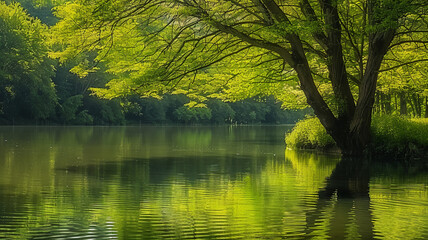 Fototapeta premium Tranquil scene of a green forest reflecting in water, AI Generative