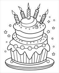 Birthday Cake Vector for coloring book, Birthday Cake Coloring Pages, cake illustration