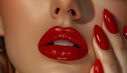 Obraz premium Close-up of Glamorous Red Lips and Manicured Nails - Beauty and Fashion Concept with Glossy Lipstick and Perfect Nail Art