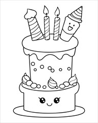 Birthday Cake Vector for coloring book, Birthday Cake Coloring Pages, cake illustration