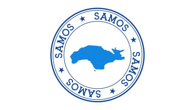 Samos intro. Badge with the circular name and map of island. Samos round logo animation.