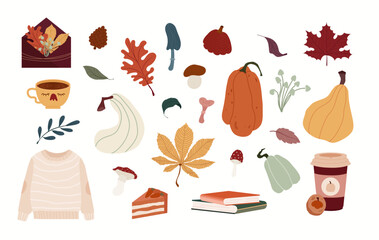 Flat style stickers collection of autumn elements including leaves, cozy items, mushrooms, squash, a warm drink, and books, evoking a warm and seasonal feel