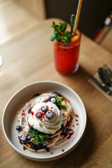 A delightful collection showcasing desserts, Asian cuisine, breakfast and brunch dishes, and coffee. Enjoy the visual feast of gourmet sweets, exotic Asian flavors, hearty breakfast plates, and artisa