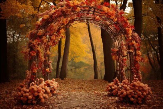 Beautifully decorated wedding arch with fall colors stands in a serene forest
