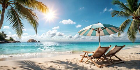 Ocean, sea, sand, beach, summer landscape, blue sky and clear ocean on the beach there is an umbrella and a shell palm tree, AI generated background, wallpaper