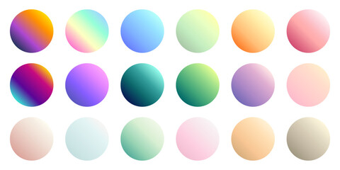 Vivid gradient spheres. Minimalist multicolor circles, abstract 80s vibrant colors and modern gradients sphere isolated vector set