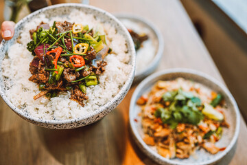 A delightful collection showcasing desserts, Asian cuisine, breakfast and brunch dishes, and coffee. Enjoy the visual feast of gourmet sweets, exotic Asian flavors, hearty breakfast plates, and artisa