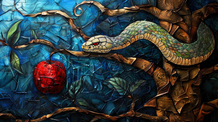 Obraz premium Bible. Old Testament. Creation. Genesis. The original sin, the forbidden fruit. Snake and apple on tree branch. Digital painting.