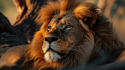 Naklejka premium Majestic lion resting in the African wilderness, AI Generative.