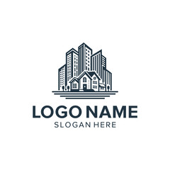 Real Estate Logo Design Inspiration for Apartment Houses. Illustration of a House Logo in the Middle of a City with Skyscrapers.