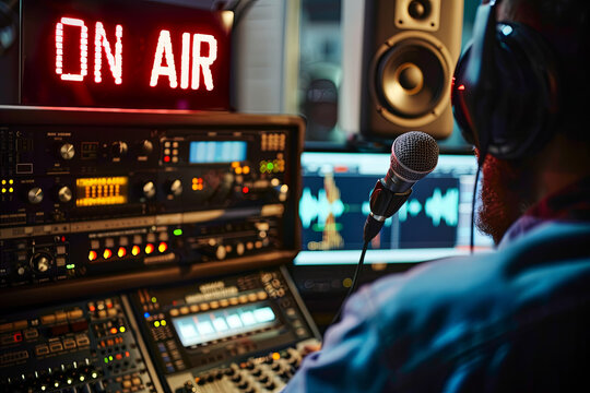 Radio host working in the radio broadcasting studio, he is On Air and enjoying the music, with writing “ON AIR”
