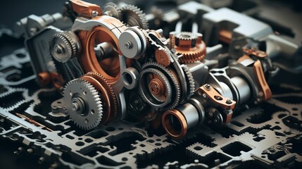 Fototapeta premium Detailed visual journey of auto engine disassembly showcasing intricate components and gears. Concept Automotive Engineering, Engine Disassembly, Intricate Components, Gears, Visual Journey.