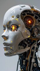 Fototapeta premium Artificial intelligence in humanoid head with neural network thinks, brain drawing