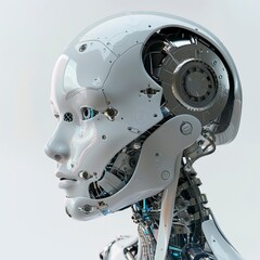 Fototapeta premium Artificial intelligence in humanoid head with neural network thinks, brain drawing