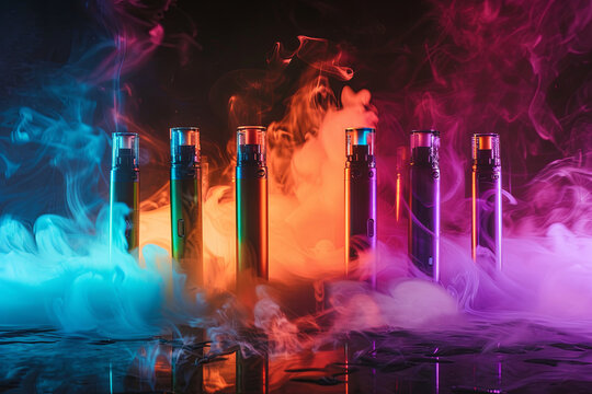 Multicolored electronic cigarettes vape on dark background with smoke. High quality photo
