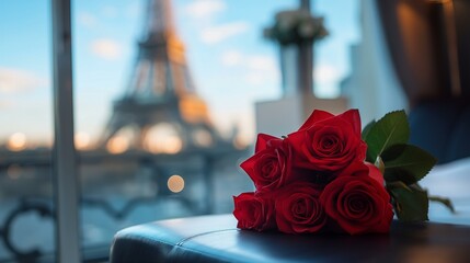 Elegant Bouquet of Red Roses with the Eiffel Tower in the Background