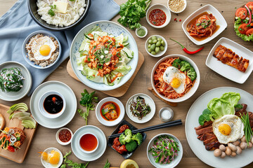 Korean foods served on a dining table. Perfect for photo illustration, article, or any cooking...