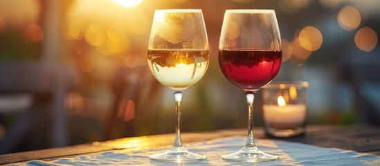 Two wine glasses, one white and one red, placed on a table with a candle under the sunlight