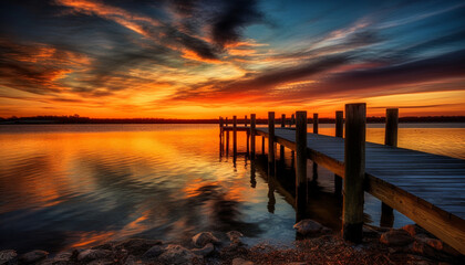 Fototapeta premium Orange tree silhouettes reflect on tranquil waters generated by AI