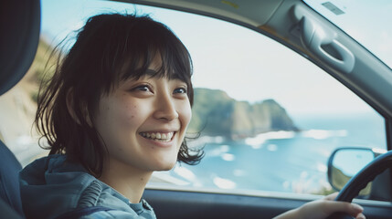 海辺をドライブする笑顔のアジア人女性
