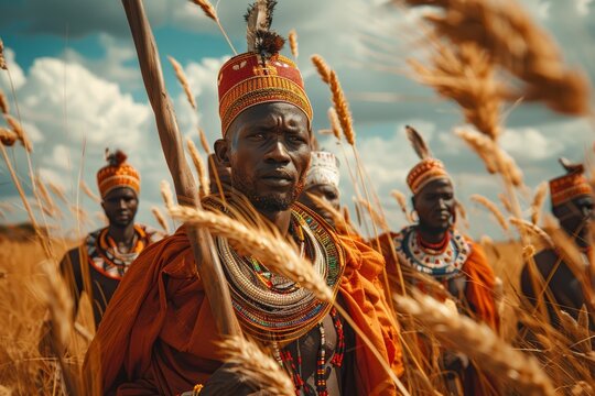 african tribesmen in the field with their spears
