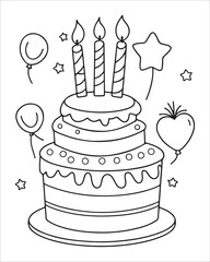 Birthday Cake Vector for coloring book, Birthday Cake Coloring Pages, cake illustration