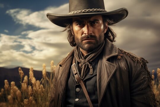 Intense male cowboy with a determined gaze, posing in a moody, natural setting