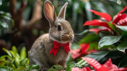 Fototapeta premium A rabbit wearing a red ribbon is standing in a garden