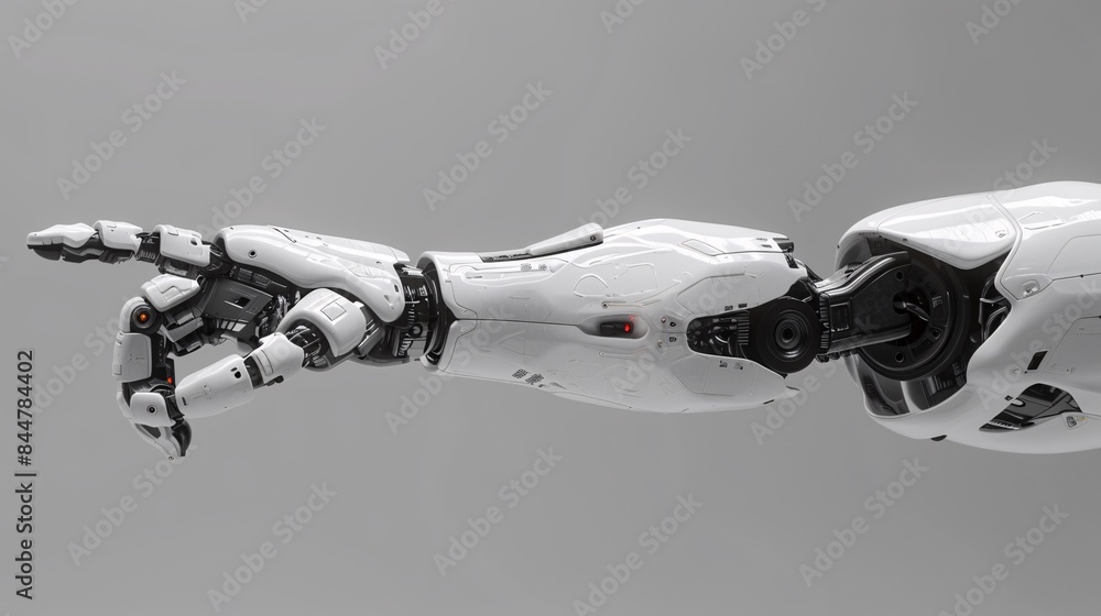 Aufkleber futuristic robotic arm with advanced technology and sleek design pointing forward against a gray bac
