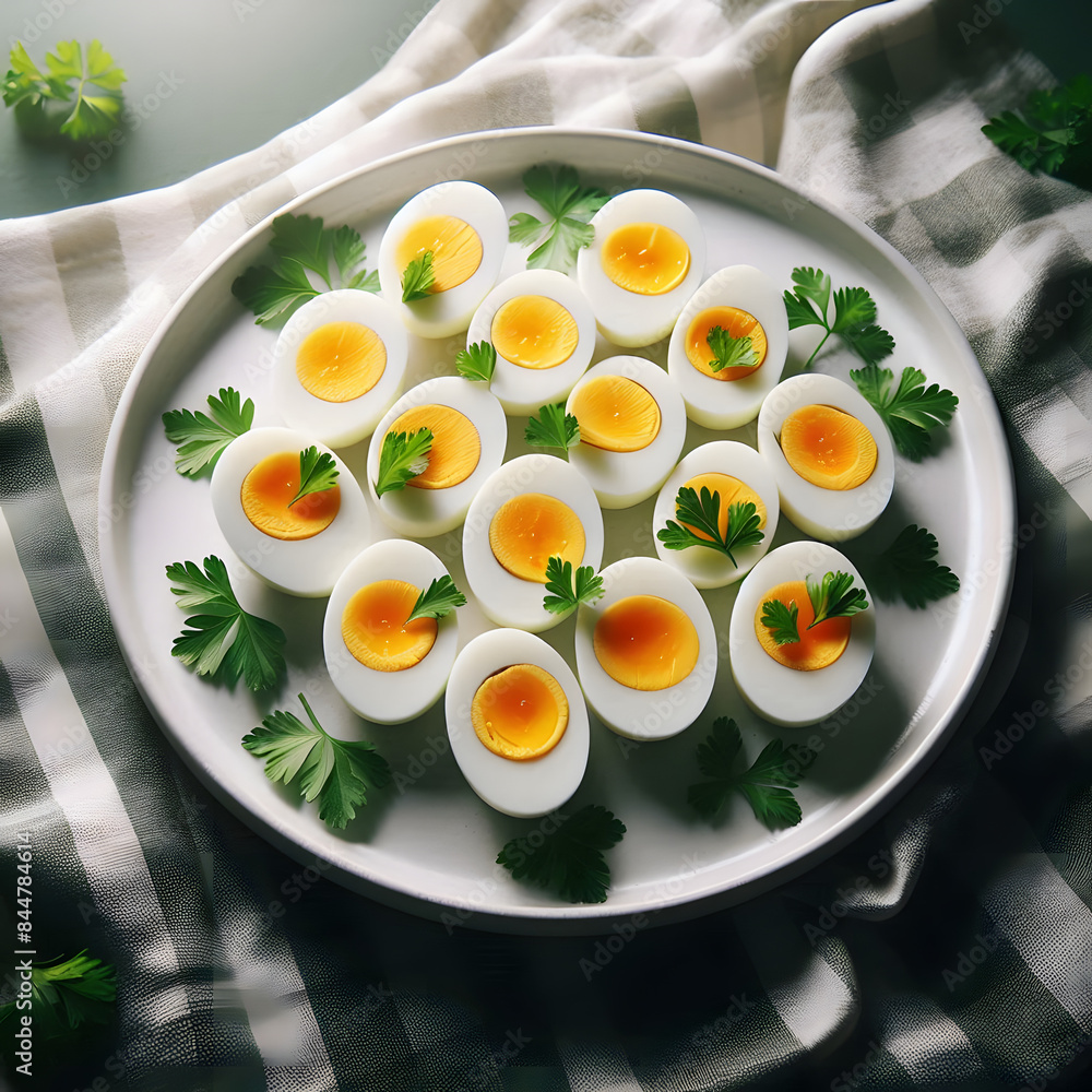 Poster a white plate with neatly arranged, sliced hard-boiled eggs. each egg half is garnished with a small