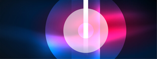 Abstract design pulsates with neon glowing light effects, casting an entrancing glow in the darkness, captivating the eye with its vibrant energy. Glass circles neon glowing light effects