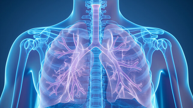 Transparent Human Anatomy with Visible Lungs and Trachea on Blue Background