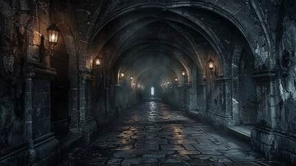 Fototapeta premium Mysterious Gothic Stone Corridor with Lanterns and Arched Ceilings in an Abandoned Medieval Castle