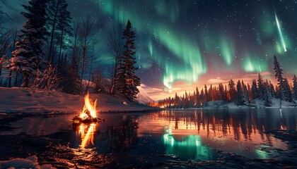 Stunning Northern Lights Over Snowy Forest and Reflective Lake with Campfire in Foreground