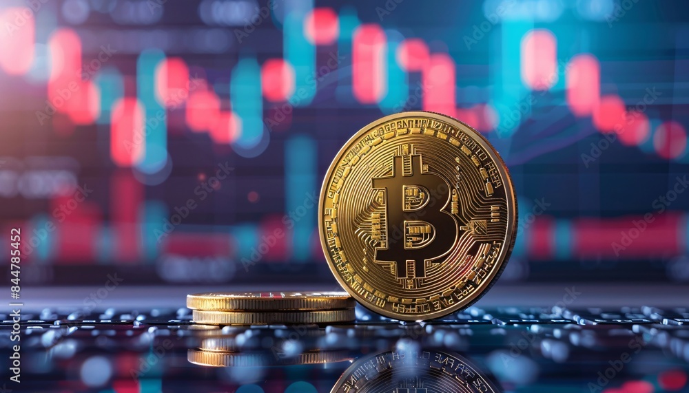 Poster golden bitcoin cryptocurrency coin on a reflective surface with stock market graphs in the backgroun