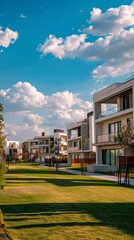 Obraz premium Serene Suburban Living: Rows of Modern Housing Units with Pristine Green Lawns under Clear Blue Skies