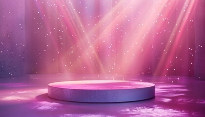 Elegant Pink and Purple Stage with Sparkling Lights and Glittering Particles in a Dreamy Atmosphere, Perfect for Performances, Presentations, and Events